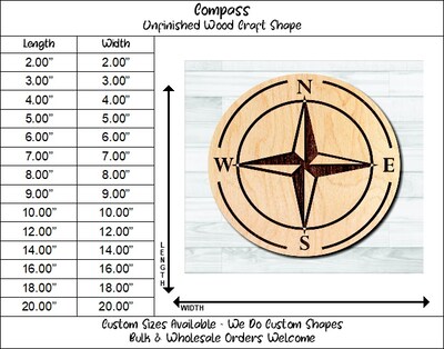 Nautical Compass 2 Unfinished Wood Shape Blank Laser Engraved Cut Out Woodcraft Craft Supply COM-002 - image2